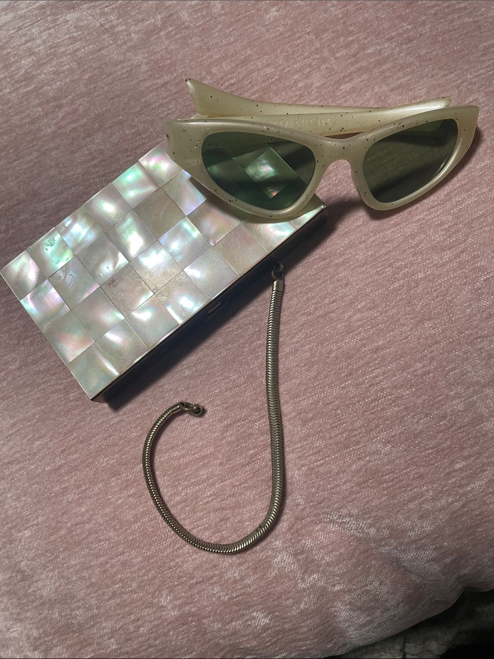 AS IS Lot of 2 Vintage Accessories: Mother of Pearl Compact & Plastic Sunglasses